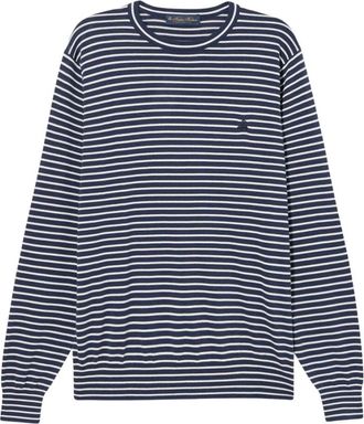 Brooks Brothers Gestreepte katoen-zijde-linnen ronde hals - Heren - Ronde hals truien - Blauw - S - Katoen - Truien & Vesten