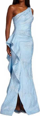 Teri Jon One Shoulder Side Ruffle Gown In Powder Blue