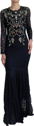 Dolce & Gabbana Blauw Kristallen Bloemenkant Lange Gown Jurk