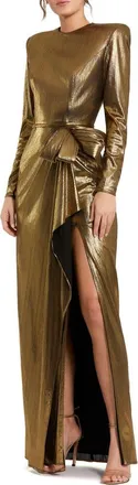 Mac Duggal Petite Metallic Long Sleeve Bow Detail Gown in Antique Gold at Nordstrom, Size 12