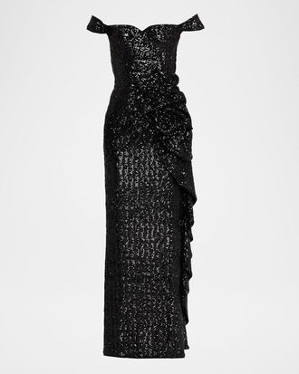 La Petite Robe Di Chiara Boni Iska Off-Shoulder Sequin Column Gown