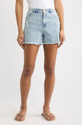 Tractr Imitation Pearl and Crystal Denim Cutoff Shorts in Light Indigo at Nordstrom, Size 29