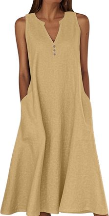 Generic Summer Dresses for Women Cotton Linen V Neck Button Sleeveless Dress Casual Solid Maxi Loose Fit Beach Sundress with Pockets Petite Cotton Summer Dres