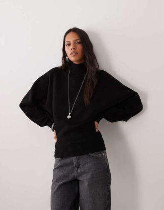 Asos premium maglione compatto nero con collo alto e maniche a pipistrello