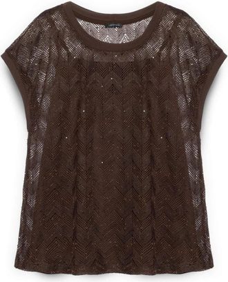 Fiorella Rubino Gebreide top met ajourpatroon en pailletten - Dames - Blouses - Bruin - XL - Pailletten - Overhemden