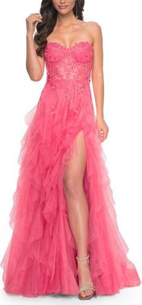 La Femme A-Line Ruffle Tulle Prom Dress with Lace Bustier Bodice in Coral at Nordstrom, Size 12