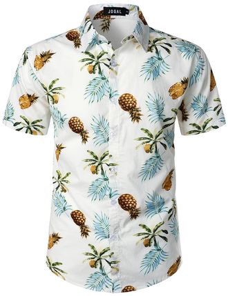JOGAL Mens Flower Casual Button Down Short Sleeve Hawaiian Shirt White PineLeaf 3X-Large