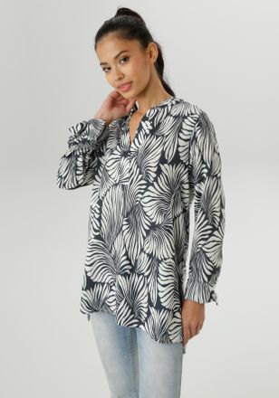 Aniston Schlupfbluse ANISTON SELECTED, Damen, Gr. 38, blau (marine, wei&szlig;), Web, Obermaterial: 100% Viskose, bedruckt, gemustert, l&auml;ssig geschnitten lang, V-Au