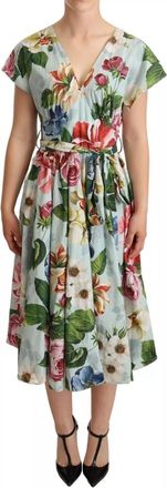 Dolce & Gabbana Green Floral Short Sleeves Cotton V-neck Womens Dress (Pre-Owned)