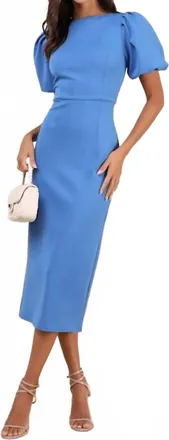 Lulus Womens Simply Beloved Puff Sleeve Bodycon Midi Dress In Blue