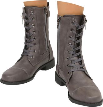 Generic Womens Winter Combat Boots Low Heel Flat Combat Classic Ankle Boots Lace Up Leather Vintage Casual Booties Outdoor Non Slip Solid Color Side Zipper Mi