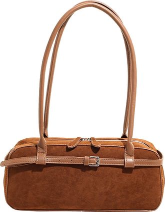 Generic Faux Suede Elegant Boston Bag Versatile Shoulder Bag Casual Handbag (Brown)