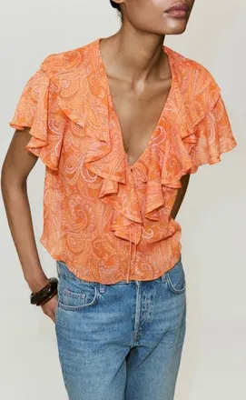 Mango Ruffled Printed Top in Orange at Nordstrom, Size 2