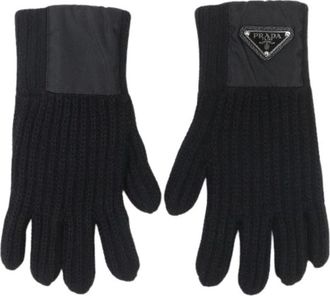 Prada Pre-owned Accessories, male, Black, Size: ONE SIZE Pre-owned Triangle Rib Knit Leather Gloves