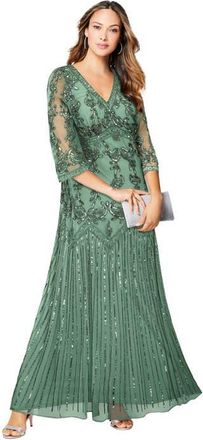 Roaman's Plus Size Beaded V-Neck 3/4 Sleeve Sleeve Maxi Gown in Dusty Mint at Nordstrom, Size 32