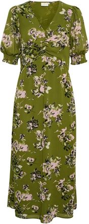 Kaffe Groene Stencil Bloemenprint Jurk - Dames - Maxi kleedjes - Groen - XS - Polyester - Kleedjes