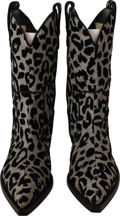Dolce & Gabbana Gray Black Leopard Cowboy Boots Womens Shoes