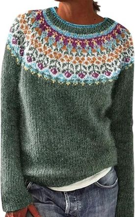 Generic Fair Isle Knitted Sweater Women Plus Size Vintage Long Sleeve Crewneck Pullover Jumper Winter Fall Casual Tops Sweatshirts(green,l)