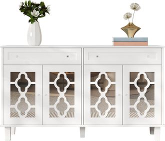 STILVORA Aparador Con 4 Puertas Con Espejo, 2 Cajones Y Estantes Ajustables, Estilo Moderno, En Mdf, 140&times;40&times;83 Cm, Blanco