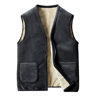 Generic MenS Gilet Fleece Warmth Thickened Waistcoat Collarless Full Zipper Solid Color Outwear With Front Pockets Sleeveless Vest Jacket Daily Wear Relaxed-F