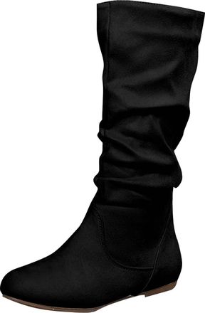 Generic Women Knee High Boots Suede Pleated Flats Boots Suede Slouchy Slip On Zip Up Flat Bottom Medium Boot Thigh High Wide Calf Long Boot Winter Shoes Cowgi