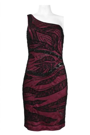 Sue Wong One Shoulder Lace Embellished Dress In Black Magenta
