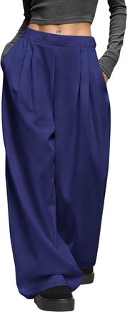 Generic Trousers for Women UK Casual Wide Leg Pleated Trousers with Pockets Solid Color Elastic Waist Pants Loose Lightweight Breathable Daily Wear Going Out 