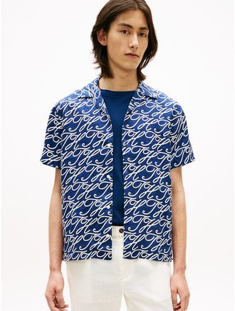 Tommy Hilfiger Mens Allover Script Monogram Linen Camp Shirt - Navy - XXL