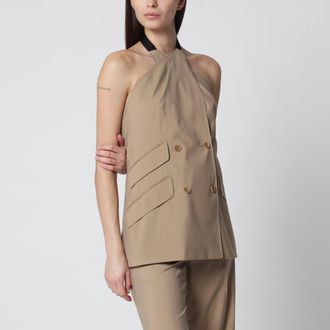 Max Mara Giacca smanicata in popeline di lana e seta color sabbia