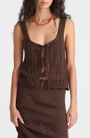 Madewell Pointelle Stitch Tie Front Cotton Sweater Tank in Dark Brown at Nordstrom, Size Xx-Large