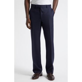 Thom Sweeney Flat Front Wide Leg Virgin Wool Trousers in Navy at Nordstrom, Size 50