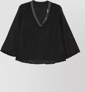120% Lino linen sequin-embellished v-neck three-quarter sleeve blouse