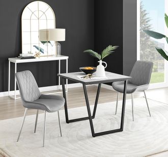 Furniturebox Carson White Marble Effect Square Dining Table & 2 Velvet Pesaro Silver Leg Chairs in Grey