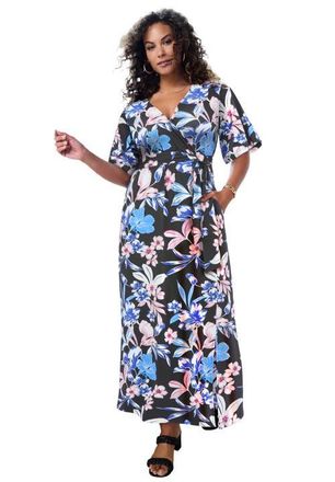 Roaman's Plus Size Flutter Sleeve Wrap Maxi Dress in Black Aloha Tropical at Nordstrom, Size 36