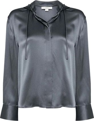 Vince Overhemden, Dames, Blauw, M, Blauwe Zijden Hoodie Elegant Lang Shirt