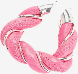Bottega Veneta Womens Hoop Earrings Silver & Lambskin Candy Pink