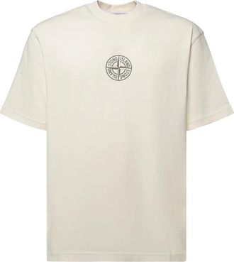 Stone Island Tops, Heren, Beige, M, Katoen, Low Infos Print T-Shirt