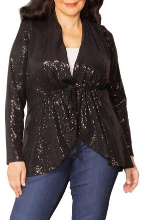 Kiyonna Glitz & Glam Sequin Tie Waist Jersey Jacket in Onyx at Nordstrom, Size 0X