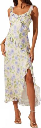 Astr Rosalina Satin Ruffle Midi Dress In Cream Lavender