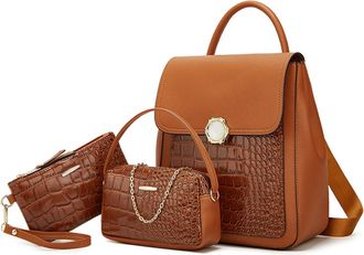 Nicole & Doris Mini Backpacks for Women Fashion Backpack 3 Pcs Set Casual Daypack Patent Leather Handbag Backpack Small Rucksack Ladies Travel Bag Brown