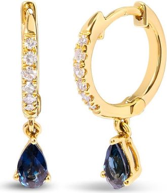 House of Brilliance 10K Yellow Gold Pear Blue Sapphire and Diamond Drop and Dangle Hoop Earrings at Nordstrom