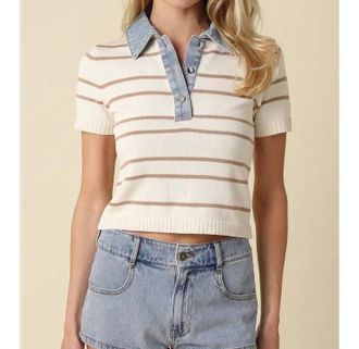Olivaceous Leni Striped Contrast Denim Collar Top In Natural/mocha