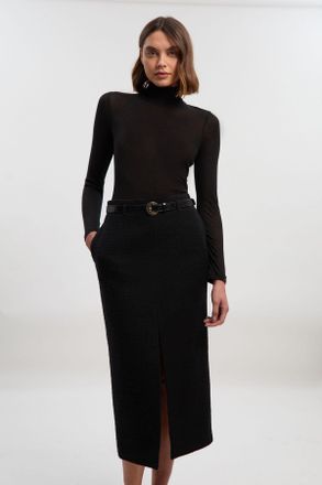 Karen Millen Womens Petite Textured Tweed Tailored Belted Pencil Skirt - Black Cotton - Size 14 UK