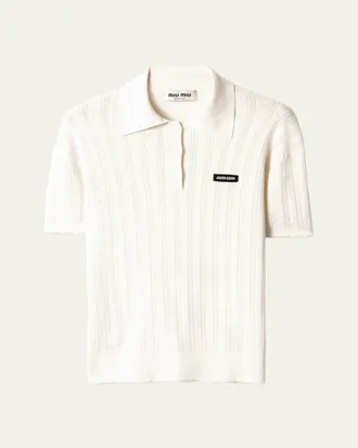 Miu Miu Cashmere-Silk Pointelle Knit Short-Sleeve Polo Top