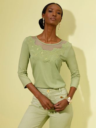 Cr&eacute;ation L 3/4-Arm-Shirt CREATION L Shirt, Damen, Gr. 36, lindgr&uuml;n, 95% Viskose, 5% Elasthan, unifarben, Rundhals, Shirts 3/4-Arm-Shirt