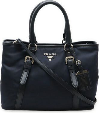Prada Navy Nylon Leather Handbag Shoulder Bag Tote Bag (Pre-Owned)
