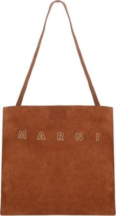 Marni Rectangular Brown Leather Shopping Bag With Embroidered Logo