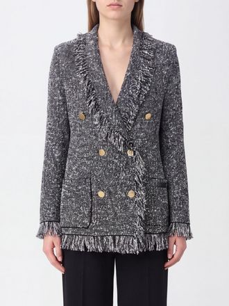 Elisabetta Franchi Blazer doppiopetto in misto lana con frange e collo a scialle