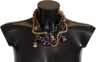 Dolce & Gabbana Gold Brass Sicily Floral Crystal Statement Womens Necklace