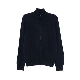 Soft Goat Truien & Vesten, Heren, Blauw, M, Gebreide Cardigan met Hoge Hals en Rits